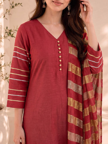 Rust Red Kurta Set Paired With A Shimmering Striped Dupatta