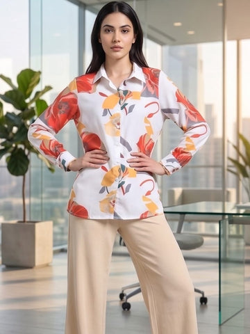 White Coloured Slim Collar Long Sleeves Floral Shirt