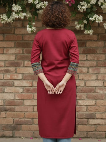 Deep Red Geometric Print A-Line Kurta