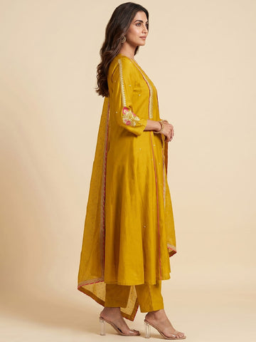 Mustard Yellow Embroidered A-Line Kurta Set With Sequin Detailing