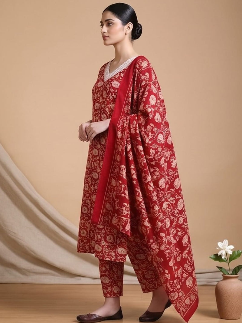Varanga Women Ethnic Red Kurta Set With Dupatta