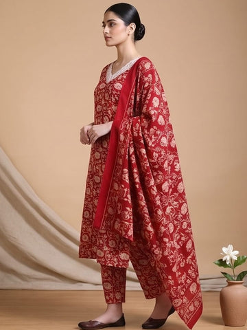 Varanga Women Ethnic Red Kurta Set With Dupatta