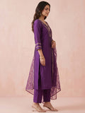Women's Purple Embroidered Kurta Set With Embellished Net Dupatta
