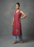 Sleeveless Solid Kurta with V-Neck and Subtle Floral Embroidery