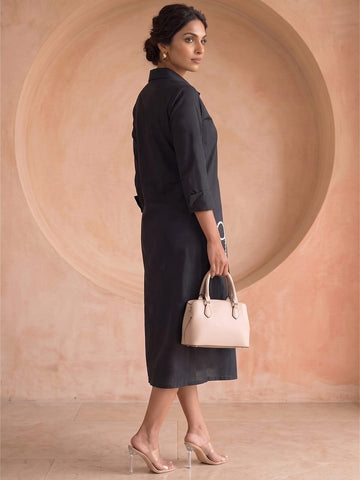 Casual Black Shirt Dress With Thread Embroiderey Detailing