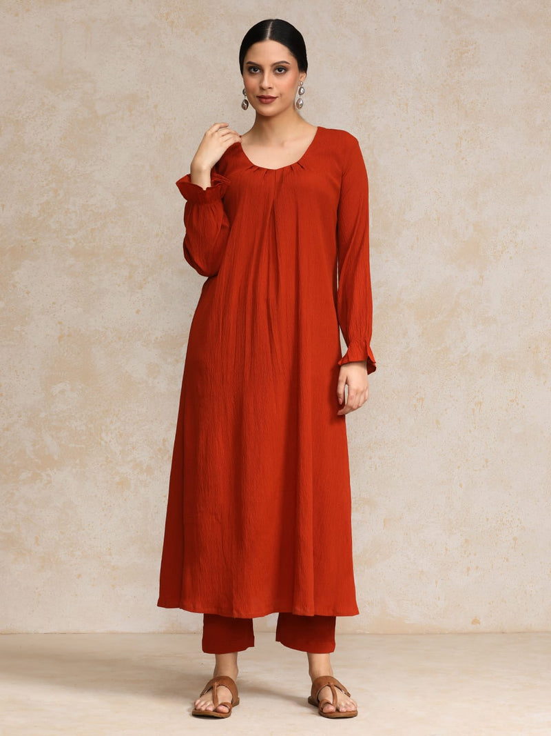 Varanga Women Rust Colour, Bishop Sleeve A-Line Kurta Paired With Tonal Bottom