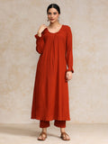 Varanga Women Rust Colour, Bishop Sleeve A-Line Kurta Paired With Tonal Bottom