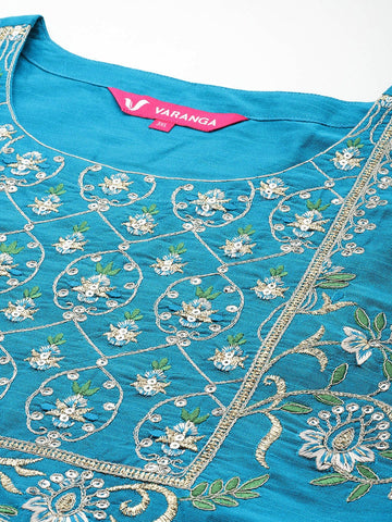 Varanga Women Plus Size Turquoise Blue Yoke Embroidered Kurta Paired With Tonal Bottom And Lehariya Dupatta