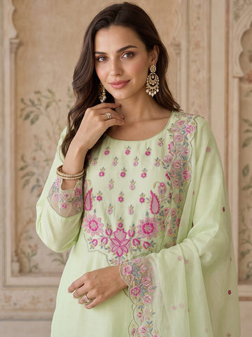 Pista Green Embroidered Chanderi Kurta Set With Organza Dupatta