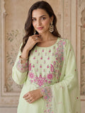 Pista Green Embroidered Chanderi Kurta Set With Organza Dupatta