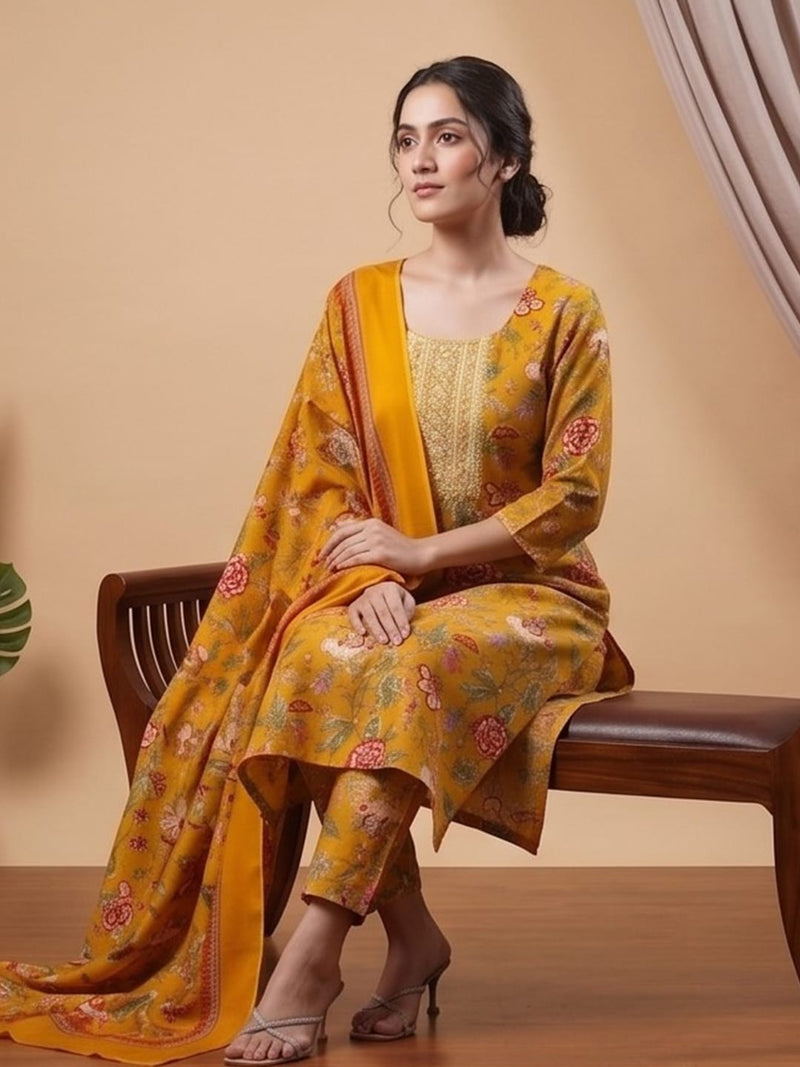 Varanga Women Ethnic Mustard Kurta Set With Dupatta