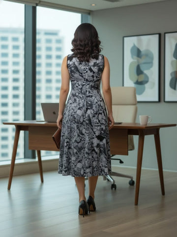 A floral-printed knee-length dress with v neckline perfect for turning heads from brunch to evening outings.