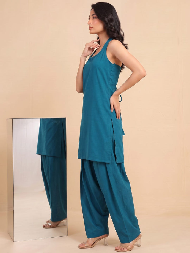 Women Teal Blue Solid Kurta Set With Farsi Salwar & Striped Dupatta