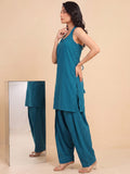Women Teal Blue Solid Kurta Set With Farsi Salwar & Striped Dupatta