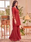 Rust Embroidered Kurta Set, Paired With Tonal Trousers And Dupatta.