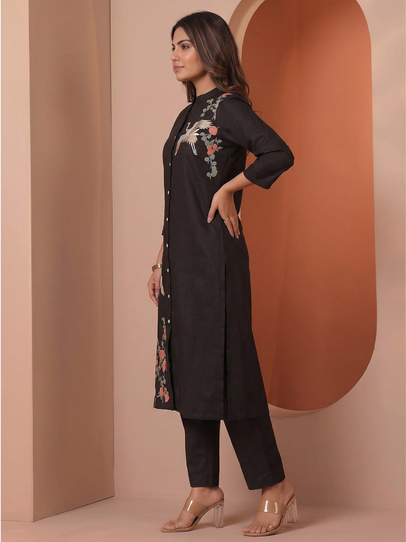 Black Thread Embroidered A-Line Kurta Set