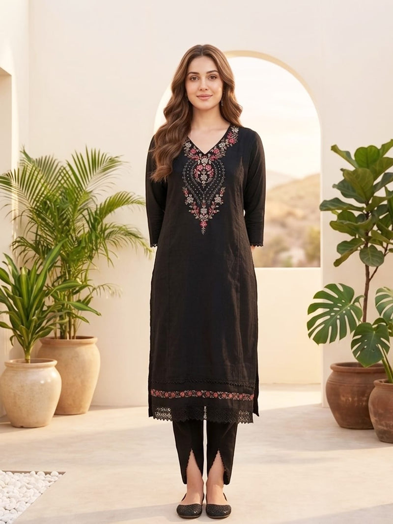 Varanga Women Floral Motif Thread Embroidered Yoke Kurta with Trouser & Dupatta