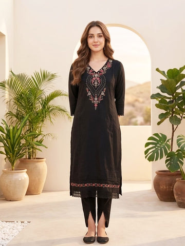 Varanga Women Floral Motif Thread Embroidered Yoke Kurta with Trouser & Dupatta