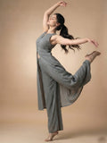 Solid Grey Halter Neck Front Slit Kurta With Palazzos