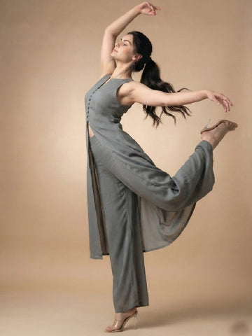 Solid Grey Halter Neck Front Slit Kurta With Palazzos
