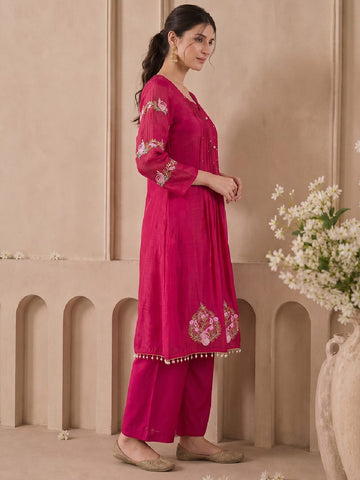 The Fuchsia Blossom Pin-Tuck Festival Women'S Kurta Suit