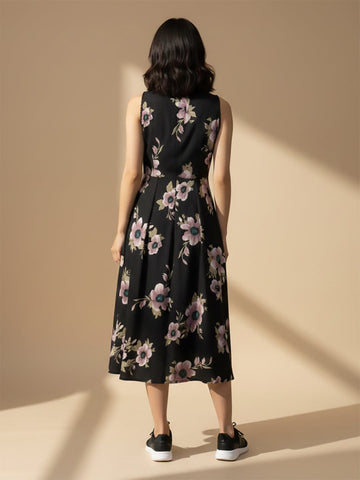 A floral-printed knee-length dress with v neckline perfect for turning heads from brunch to evening outings.