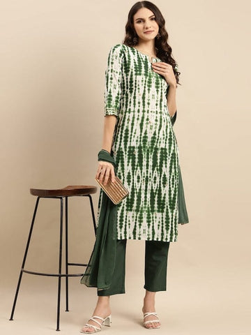 Varanga Women Green Shibori Straight Kurta Paired With Tonal Bottom And Dupatta