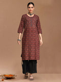 Varanga Maroon Ethnic Motifs Printed Cotton Thread Work Kurta