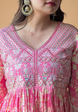 Varanga Women Pink Floral Printed Mirror Work Anarkali Kurta With Sharara And Dupatta