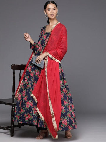 Varanga Floral Printed Navy Blue Anarkali Kurta With Dupatta