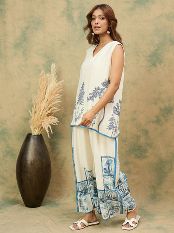 Off-white printed co-ord set featuring a sleeveless V-neck top and relaxed palazzo trousers for a chic, casual look