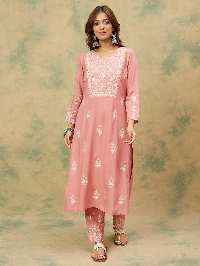 Varanga Women Mauve Embroidered Kurta Paired With Tonal Trouser And Dupatta