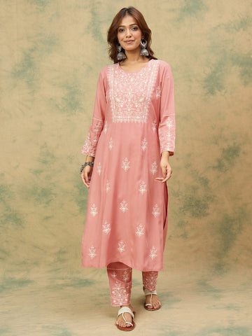 Varanga Women Mauve Embroidered Kurta Paired With Tonal Trouser And Dupatta