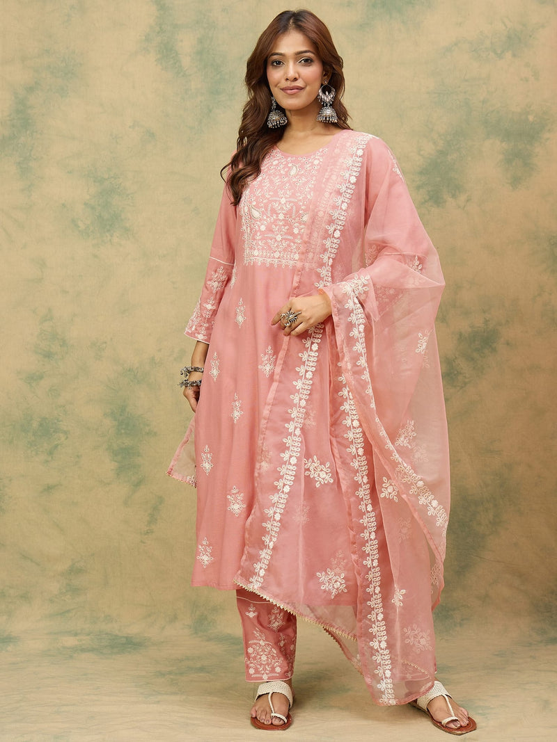 Varanga Women Mauve Embroidered Kurta Paired With Tonal Trouser And Dupatta