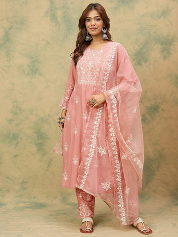 Varanga Women Mauve Embroidered Kurta Paired With Tonal Trouser And Dupatta