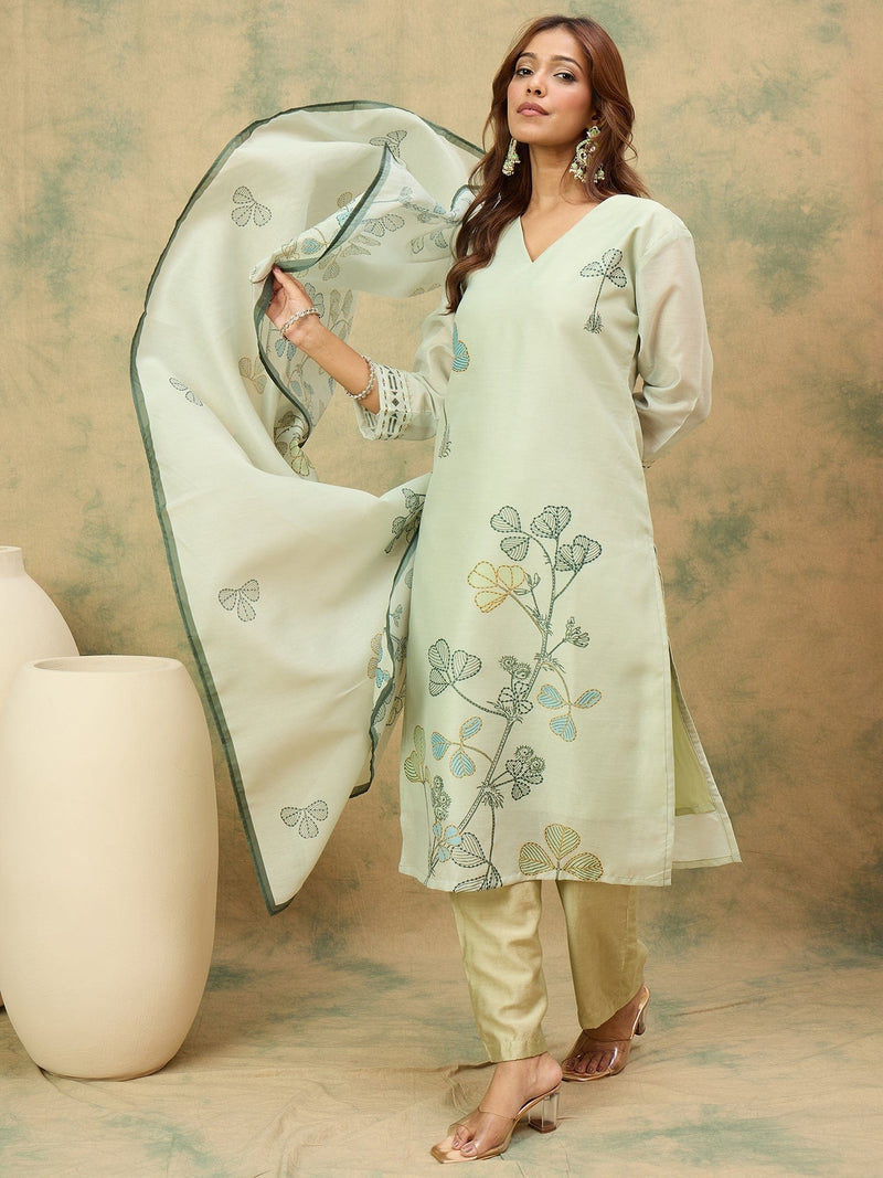 Varanga Women Olive Floral Printed Kurta Paired With Bottom And Dupatta