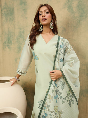 Varanga Women Olive Floral Printed Kurta Paired With Bottom And Dupatta