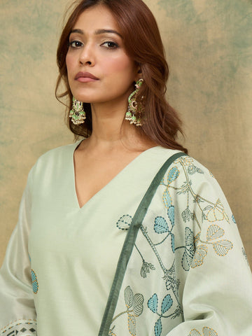 Varanga Women Olive Floral Printed Kurta Paired With Bottom And Dupatta