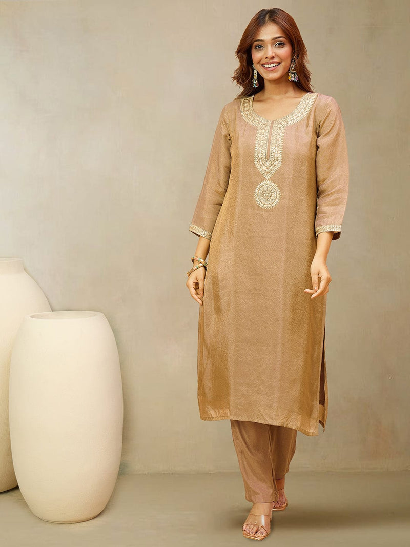 Zari Embroidered Yoke Kurta With Trousers And Dupatta