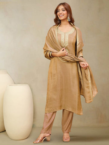 Zari Embroidered Yoke Kurta With Trousers And Dupatta