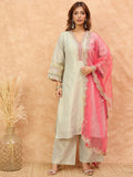 varanga Women Shimmer Kurta Set Adorned With Delicate Zari Lace Detailing Paired With Net Dupatta.