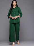 Varanga Women Green Crepe Shirt Collar Top And Bottom