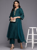 Varanga Women Teal Zari And Thread Embroidered Scalloped Deatiled Kurta Set With Dupatta