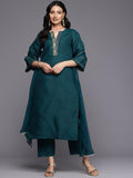 Varanga Women Teal Zari And Thread Embroidered Scalloped Deatiled Kurta Set With Dupatta