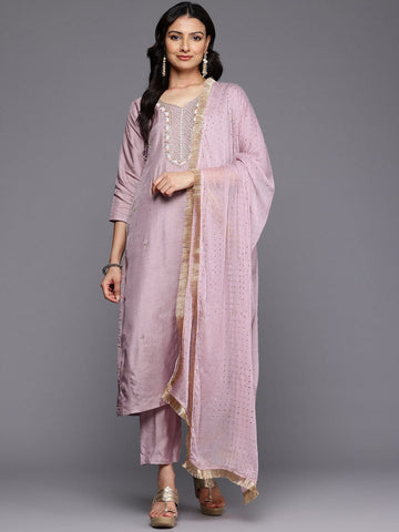 Varanga Women Lilac Pure Silk Thread Embroidered Stone And Beads Embellished Kurta Set With Dupatta