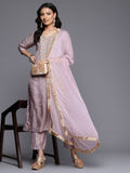 Varanga Women Lilac Pure Silk Thread Embroidered Stone And Beads Embellished Kurta Set With Dupatta