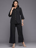 Varanga Women Black Crepe Shirt Collar Top And Bottom