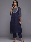 Varanga Women Navy Blue Leheriya Printed Yoke Embroidered Straight Kurta With Trousers