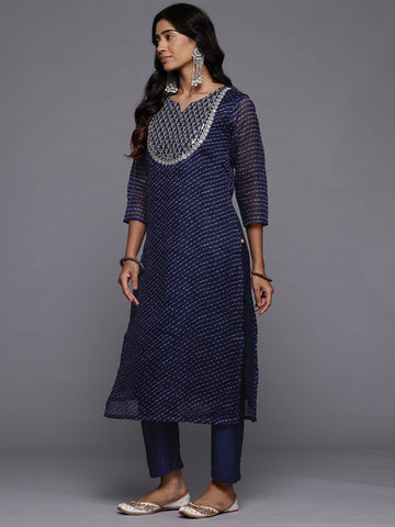 Varanga Women Navy Blue Leheriya Printed Yoke Embroidered Straight Kurta With Trousers