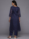 Varanga Women Navy Blue Leheriya Printed Yoke Embroidered Straight Kurta With Trousers